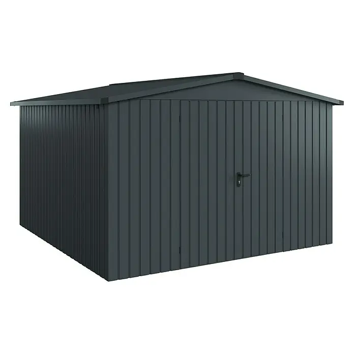 EcoStar Gerätehaus Euroline Trend ESD 14 - Außenbreite inkl. Dachüberstand: 333 cm, Außentiefe inkl. Dachüberstand: 325 cm, Stahl, Anthrazitgrau, Doppeltür - Dunkelgraues Metall-Gartenhaus mit Schrägdach und Doppeltüren.