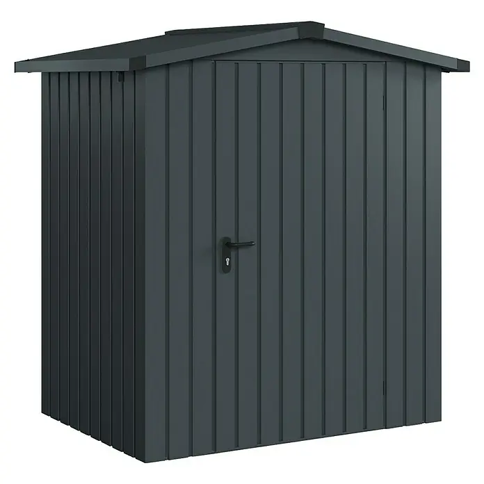 EcoStar Gerätehaus Eurline Trend ESD1 - Außenbreite inkl. Dachüberstand: 189 cm, Außentiefe inkl. Dachüberstand: 134 cm, Stahl, Anthrazitgrau - Dunkelgraues Metall-Gartenhaus mit einer Tür und Schrägdach.