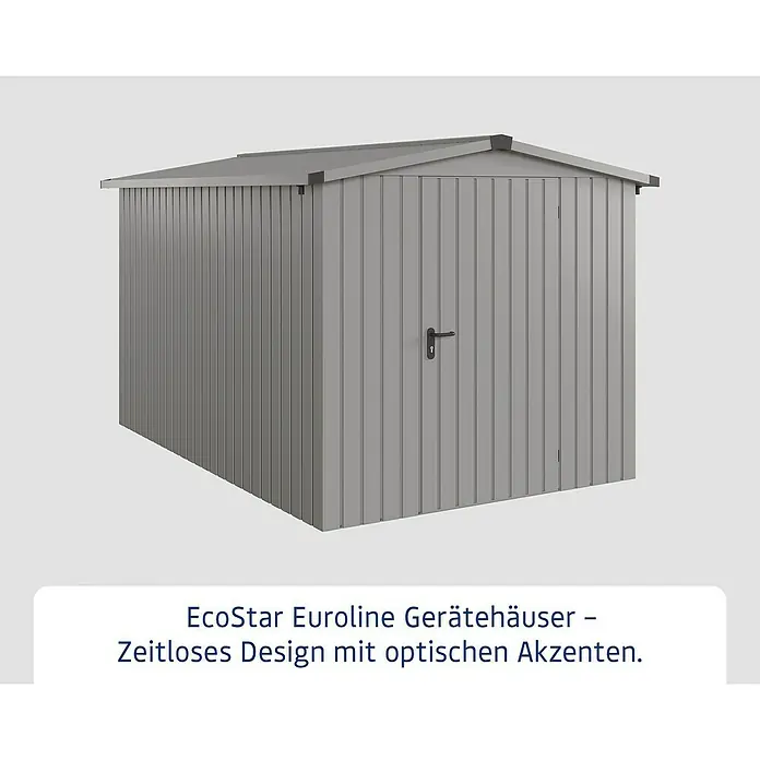 EcoStar Gerätehaus Euroline Trend ESD7 - Außenbreite inkl. Dachüberstand: 237 cm, Außentiefe inkl. Dachüberstand: 325 cm, Stahl, Graualuminium, Einzeltür - Graues Metall-Gartenhaus mit Satteldach und vertikaler Rippenstruktur.