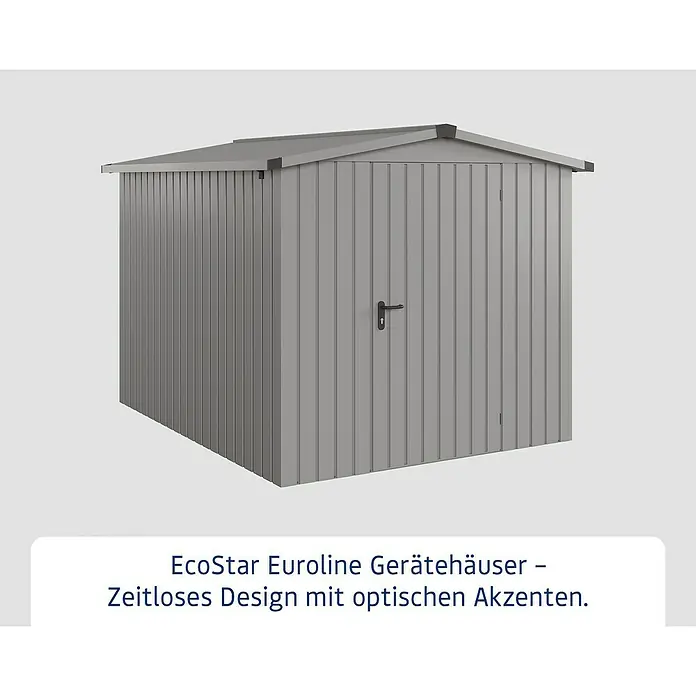 EcoStar Gerätehaus Euroline Trend ESD6 - Außenbreite inkl. Dachüberstand: 237 cm, Außentiefe inkl. Dachüberstand: 278 cm, Stahl, Graualuminium, Einzeltür - Graues Metall-Gartenhaus mit Satteldach und integrierter Tür mit schwarzem Griff.