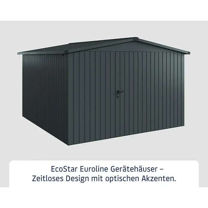 EcoStar Gerätehaus Euroline Trend ESD14 - Außenbreite inkl. Dachüberstand: 333 cm, Außentiefe inkl. Dachüberstand: 325 cm, Stahl, Anthrazitgrau, Einzeltür - Dunkelgraues Metall-Gartenhaus mit Pultdach und schwarzem Türgriff. Robustes und funktionales Gerätehaus.