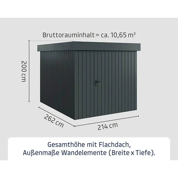 EcoStar Gerätehaus Euroline Trend EFD6 - Außenbreite inkl. Dachüberstand: 237 cm, Außentiefe inkl. Dachüberstand: 278 cm, Stahl, Anthrazitgrau, Einzeltür - Dunkelgrauer Geräteschuppen mit Flachdach, Maße ca. 200x214x262 cm (H/B/T) und 10,65 m³ Volumen.