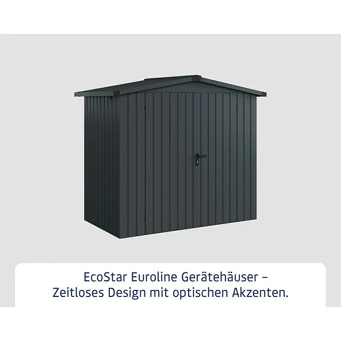 EcoStar Gerätehaus Euroline Trend ESD3 - Außenbreite inkl. Dachüberstand: 237 cm, Außentiefe inkl. Dachüberstand: 134 cm, Stahl, Anthrazitgrau, Doppeltür - Dunkelgraues Metall-Gerätehaus mit Satteldach und Tür.