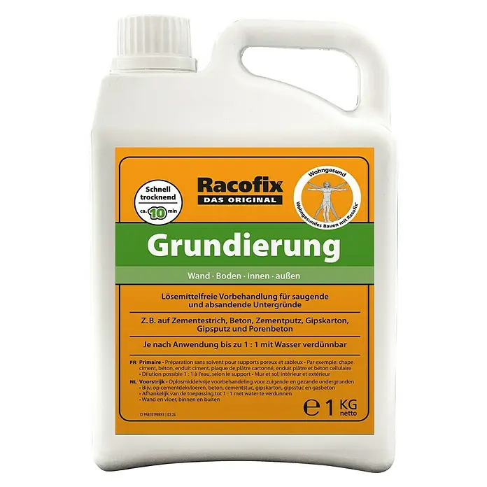 Racofix Grundierung - 1 kg - Produktbild Racofix Grundierung: Lösemittelfreie Vorbehandlung für saugende Untergründe, ideal für Wand, Boden, innen und außen.