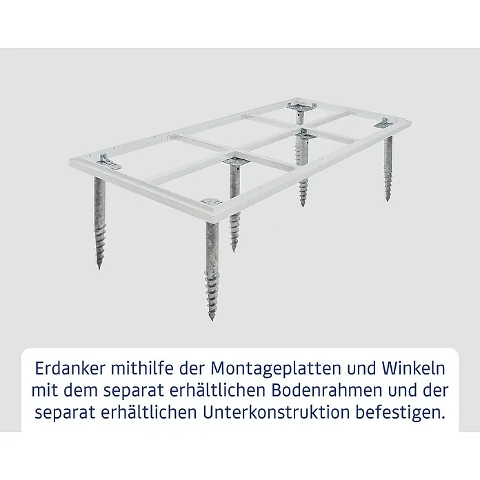 EcoStar Schraubfundament - L x B x H: 6 x 66 x 6 cm, Stahl, Passend für: EcoStar Gerätehaus Euroline Trend ESD1 / ESD2 / ESD3 - Weißes Rahmengestell mit mehreren metallischen Erdankern für eine Unterkonstruktion.