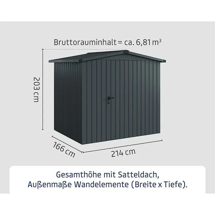 EcoStar Gerätehaus Euroline Trend ESD4 - Außenbreite inkl. Dachüberstand: 237 cm, Außentiefe inkl. Dachüberstand: 181 cm, Stahl, Anthrazitgrau, Einzeltür - Dunkelgraues Gartenhaus. Gesamthöhe 203 cm, B 214 cm, T 166 cm. Volumen ca. 6,81 m³.