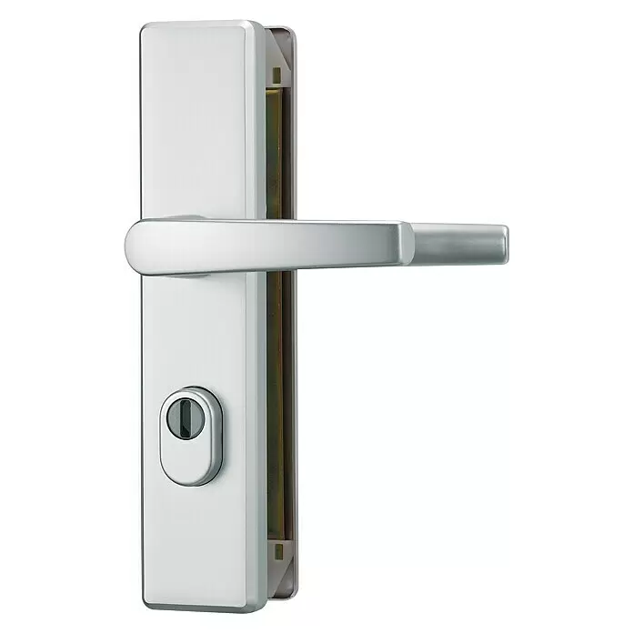 Abus Herraje de protección KLZS714 - Puerta de entrada del apartamento, Aluminio, Botón exterior, manilla interior - Manija de puerta plateada con palanca y cerradura para una puerta.