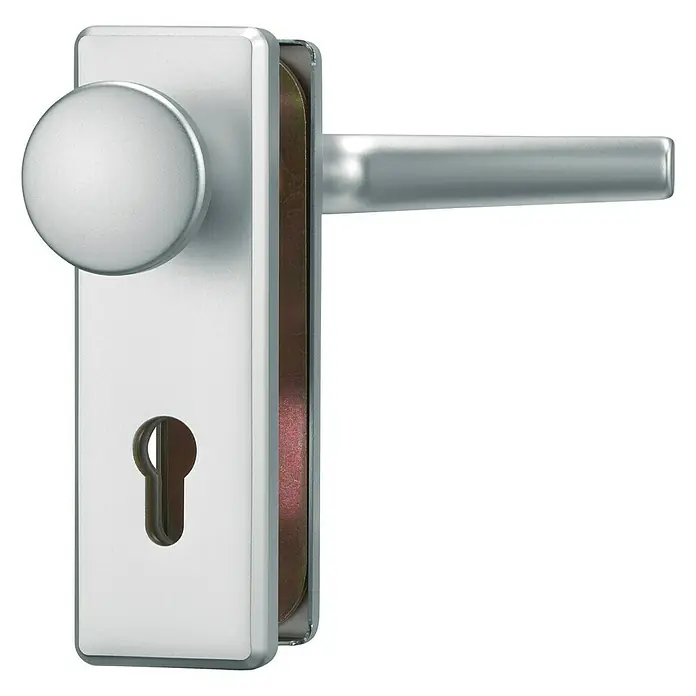 Abus Schutzbeschlag KKT512 - Wohnungsabschlusstür, Silber F1, Knopf außen, Drücker innen, Stärke Tür: 37 mm - 47 mm - Eine silberne Türgarnitur mit einem Knauf und einem horizontalen Griff, ideal für moderne Inneneinrichtungen.