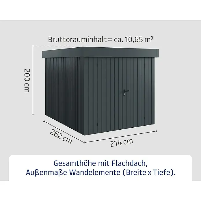 EcoStar Gerätehaus Euroline Trend EFD6 - Außenbreite inkl. Dachüberstand: 237 cm, Außentiefe inkl. Dachüberstand: 278 cm, Stahl, Anthrazitgrau, Doppeltür - Dunkelgraues Gartenhaus mit Flachdach, Außenmaße ca. 214x262x200 cm (BxTxH) und ca. 10,65 m³ Bruttorauminhalt.