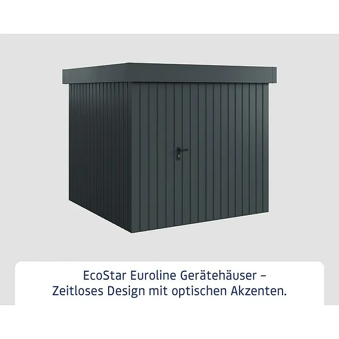 EcoStar Gerätehaus Euroline Trend EFD5 - Außenbreite inkl. Dachüberstand: 237 cm, Außentiefe inkl. Dachüberstand: 229 cm, Stahl, Anthrazitgrau, Einzeltür - Dunkelgraues EcoStar Euroline Gerätehaus mit vertikaler Verkleidung und modernem Design.