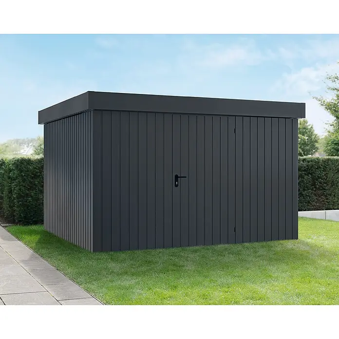 EcoStar Gerätehaus Euroline Trend EFD14 - Außenbreite inkl. Dachüberstand: 333 cm, Außentiefe inkl. Dachüberstand: 325 cm, Stahl, Anthrazitgrau, Einzeltür - Schwarzes Gartenhaus aus Holz mit geraden Linien und einem modernen Design, das sich perfekt in jeden Garten einfügt.