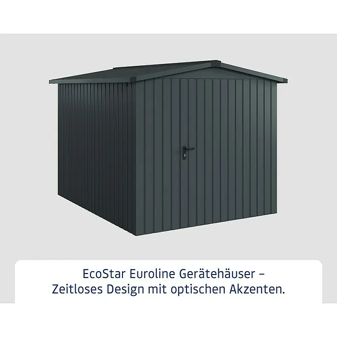 EcoStar Gerätehaus Euroline Trend ESD6 - Außenbreite inkl. Dachüberstand: 237 cm, Außentiefe inkl. Dachüberstand: 278 cm, Stahl, Anthrazitgrau, Einzeltür - Dunkelgraues Gartenhaus mit vertikalen Paneelen und Satteldach.
