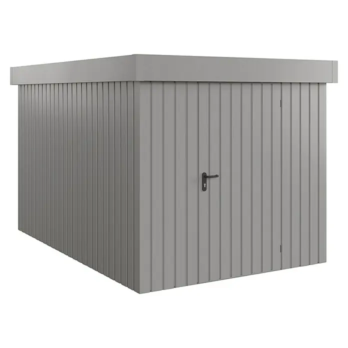 EcoStar Gerätehaus Euroline Trend EFD7 - Außenbreite inkl. Dachüberstand: 237 cm, Außentiefe inkl. Dachüberstand: 325 cm, Stahl, Graualuminium, Einzeltür - Hellgrauer Metall-Geräteschuppen mit vertikalen Paneelen und dunklem Türgriff.