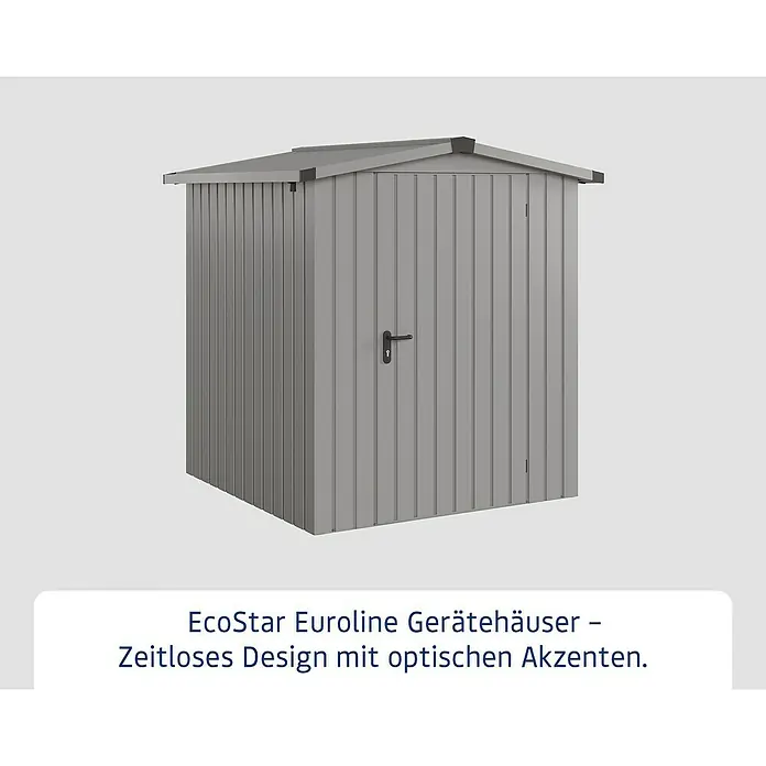 EcoStar Gerätehaus Euroline Trend ESD2 - Außenbreite inkl. Dachüberstand: 189 cm, Außentiefe inkl. Dachüberstand: 181 cm, Stahl, Graualuminium - Graues Gerätehaus aus Metall mit Spitzdach und dunklem Griff.