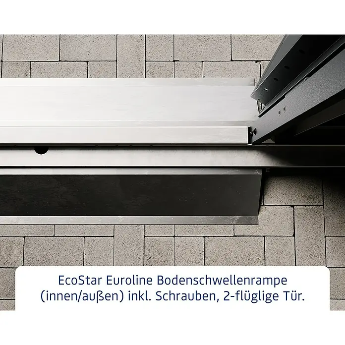 EcoStar Rampe - Passend für: EcoStar Gerätehäuser mit Doppeltür - EcoStar Euroline Bodenschwellenrampe aus grauem Metall, an einer Doppeltür für den Innen- und Außenbereich installiert.