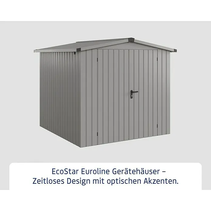 EcoStar Gerätehaus Euroline Trend ESD5 - Außenbreite inkl. Dachüberstand: 237 cm, Außentiefe inkl. Dachüberstand: 229 cm, Stahl, Graualuminium, Doppeltür - Graues Metall-Gartenhaus mit Satteldach und schwarzem Türgriff.