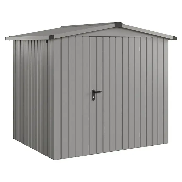 EcoStar Gerätehaus Euroline Trend ESD4 - Außenbreite inkl. Dachüberstand: 237 cm, Außentiefe inkl. Dachüberstand: 181 cm, Stahl, Graualuminium, Einzeltür - Graues Metall-Gartenhaus mit Pultdach und Einzeltür.