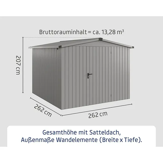 EcoStar Gerätehaus Euroline Trend ESD10 - Außenbreite inkl. Dachüberstand: 285 cm, Außentiefe inkl. Dachüberstand: 278 cm, Stahl, Graualuminium, Einzeltür - Grauer Metallschuppen mit Satteldach und Maßen 207x262x262 cm, Volumen ca. 13,28 m³.