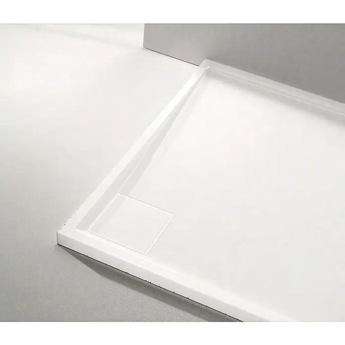Plato de ducha Aral - L x An: 80 x 120 cm, Blanco - Esta foto muestra un moderno plato de ducha blanco con un desagüe cuadrado, instalado en un baño minimalista.