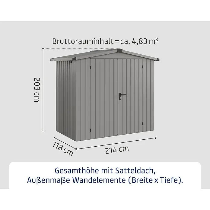 EcoStar Gerätehaus Euroline Trend ESD3 - Außenbreite inkl. Dachüberstand: 237 cm, Außentiefe inkl. Dachüberstand: 134 cm, Stahl, Graualuminium, Doppeltür - Grauer Metall-Gartenschuppen mit Satteldach, Maße: Höhe 203 cm, Breite 214 cm, Tiefe 118 cm, Volumen 4,83 m³.