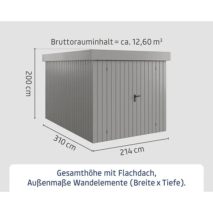 EcoStar Gerätehaus Euroline Trend EFD7 - Außenbreite inkl. Dachüberstand: 237 cm, Außentiefe inkl. Dachüberstand: 325 cm, Stahl, Graualuminium, Doppeltür - Grauer Geräteschuppen mit Flachdach. Abmessungen: 200x310x214 cm und ca. 12,60 m³ Bruttorauminhalt.