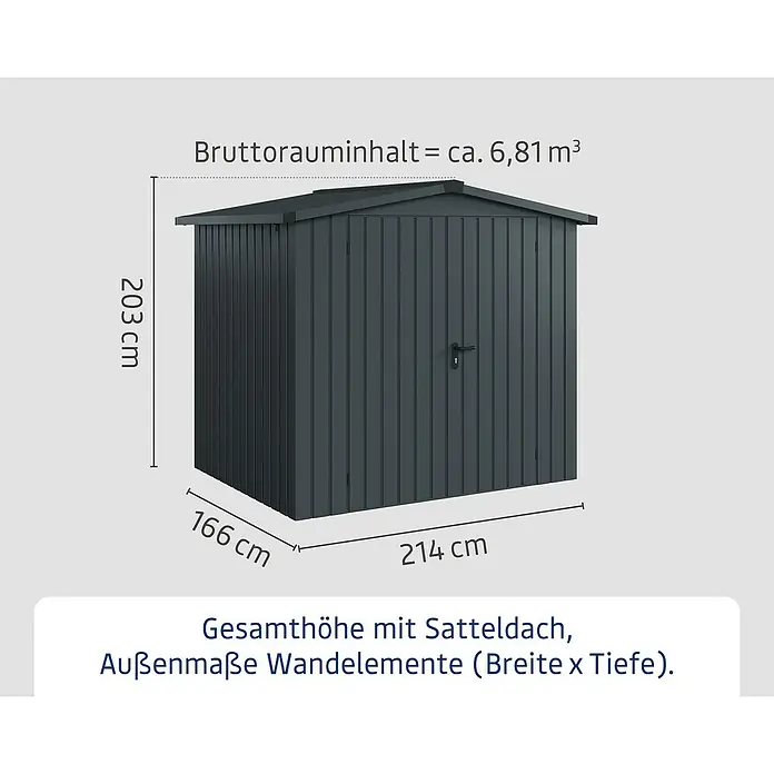 EcoStar Gerätehaus Euroline Trend ESD4 - Außenbreite inkl. Dachüberstand: 237 cm, Außentiefe inkl. Dachüberstand: 181 cm, Stahl, Anthrazitgrau, Doppeltür - Dunkelgraues Gartenhaus mit Satteldach, Maße: 203 cm hoch, 214 cm breit, 166 cm tief, Volumen ca. 6,81 m³.
