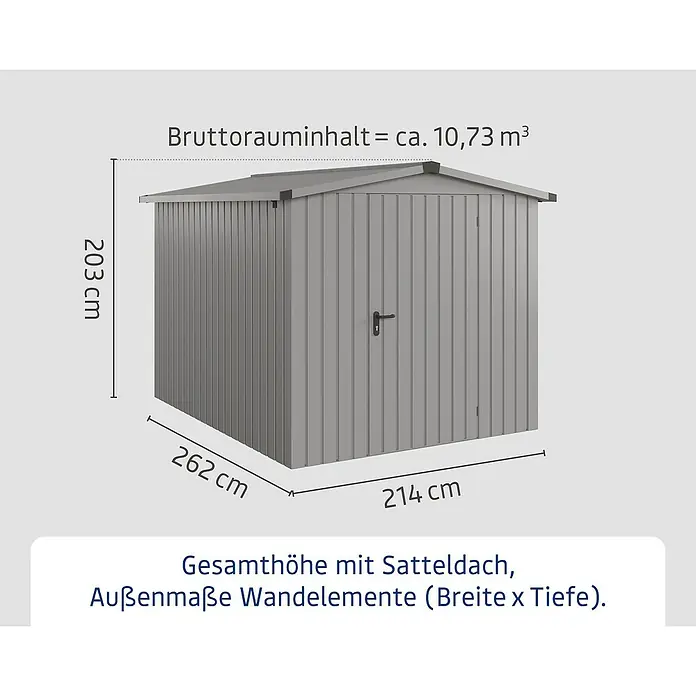 EcoStar Gerätehaus Euroline Trend ESD6 - Außenbreite inkl. Dachüberstand: 237 cm, Außentiefe inkl. Dachüberstand: 278 cm, Stahl, Graualuminium, Einzeltür - Graues Gartenhaus mit Satteldach, Maße (203x214x262 cm) und Bruttorauminhalt (10,73 m³) dargestellt.