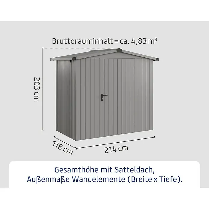 EcoStar Gerätehaus Euroline Trend ESD3 - Außenbreite inkl. Dachüberstand: 237 cm, Außentiefe inkl. Dachüberstand: 134 cm, Stahl, Graualuminium, Einzeltür - Graues Metallgerätehaus mit Satteldach, Maße: 214x118x203 cm, Bruttovolumen ca. 4,83 m³.