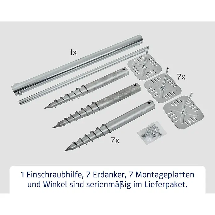 EcoStar Schraubfundament - L x B x H: 6 x 66 x 6 cm, Stahl, Passend für: EcoStar Gerätehaus Euroline Trend ESD1 / ESD2 / ESD3 - Verzinktes Erdankerset: 1 Einschraubhilfe, 7 Erdanker, 7 Montageplatten und eine Tüte Winkelverbinder.