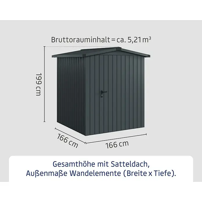 EcoStar Gerätehaus Euroline Trend ESD2 - Außenbreite inkl. Dachüberstand: 189 cm, Außentiefe inkl. Dachüberstand: 181 cm, Stahl, Anthrazitgrau - Dunkelgraues Gartenhaus mit Satteldach, 199 cm hoch, 166 cm breit und 166 cm tief, Bruttorauminhalt ca. 5,21 m³.