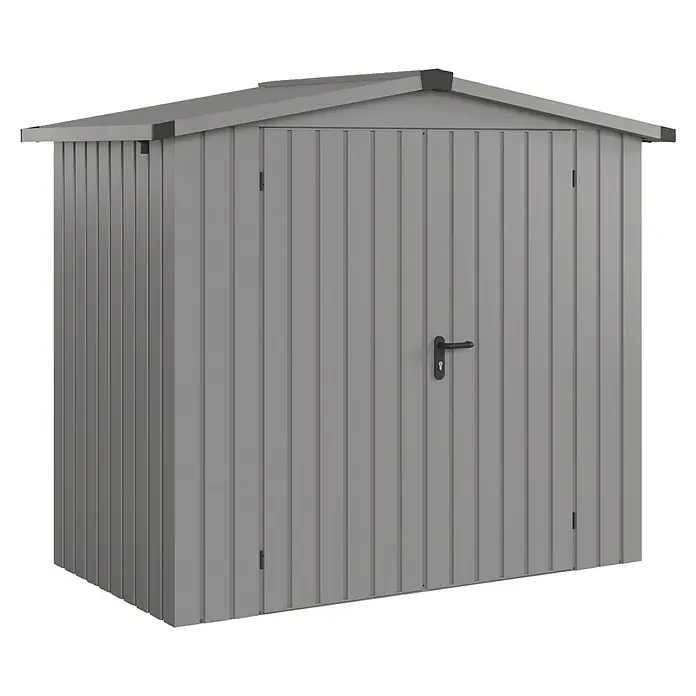 EcoStar Gerätehaus Euroline Trend ESD3 - Außenbreite inkl. Dachüberstand: 237 cm, Außentiefe inkl. Dachüberstand: 134 cm, Stahl, Graualuminium, Doppeltür - Grauer Metall-Gartenschuppen mit Doppeltüren, ideal zur Aufbewahrung im Freien.