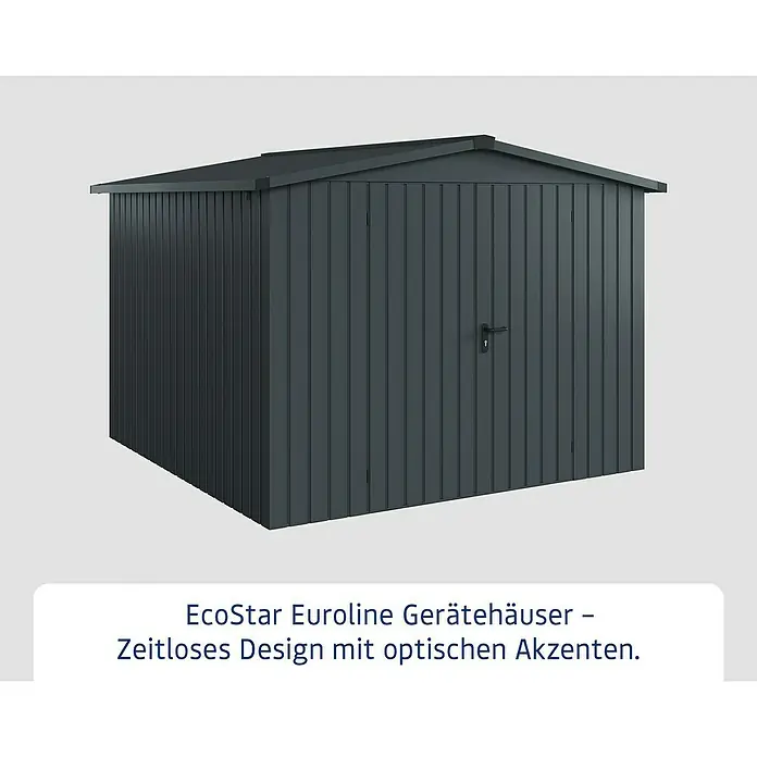 EcoStar Gerätehaus Euroline Trend ESD10 - Außenbreite inkl. Dachüberstand: 285 cm, Außentiefe inkl. Dachüberstand: 278 cm, Stahl, Anthrazitgrau, Doppeltür - Dunkelgraues Metall-Gartenhaus mit vertikaler Verkleidung, Doppeltüren und Pultdach.