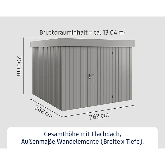 EcoStar Gerätehaus Euroline Trend EFD10 - Außenbreite inkl. Dachüberstand: 285 cm, Außentiefe inkl. Dachüberstand: 278 cm, Stahl, Graualuminium, Einzeltür - Grauer Geräteschuppen mit Flachdach, Maßen 262x262x200 cm und ca. 13,04 m³ Bruttorauminhalt.