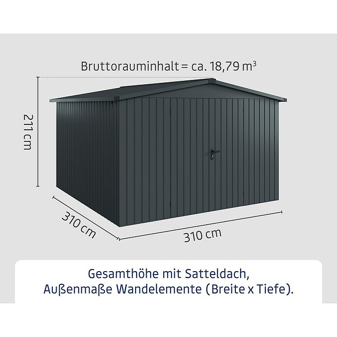 EcoStar Gerätehaus Euroline Trend ESD 14 (Außenbreite inkl. Dachüberstand: 333 cm, Außentiefe inkl. Dachüberstand: 325 cm, Stahl, Anthrazitgrau, Doppeltür) | BAUHAUS