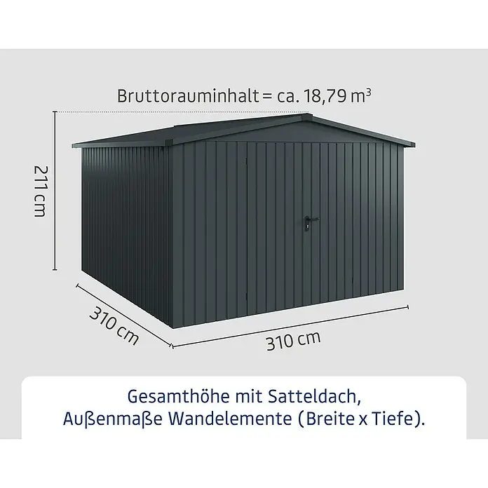 EcoStar Gerätehaus Euroline Trend ESD 14 - Außenbreite inkl. Dachüberstand: 333 cm, Außentiefe inkl. Dachüberstand: 325 cm, Stahl, Anthrazitgrau, Doppeltür - Dunkelgraues Gartenhaus mit Satteldach, Maße 211x310x310 cm, Bruttorauminhalt ca. 18,79 m³.