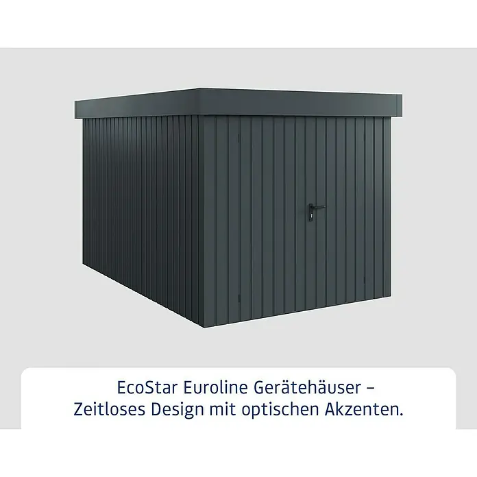 EcoStar Gerätehaus Euroline Trend EFD7 - Außenbreite inkl. Dachüberstand: 237 cm, Außentiefe inkl. Dachüberstand: 325 cm, Stahl, Anthrazitgrau, Doppeltür - Dunkelgraues Metall-Gerätehaus mit Flachdach und vertikaler Verkleidung, mit schwarzem Türgriff.