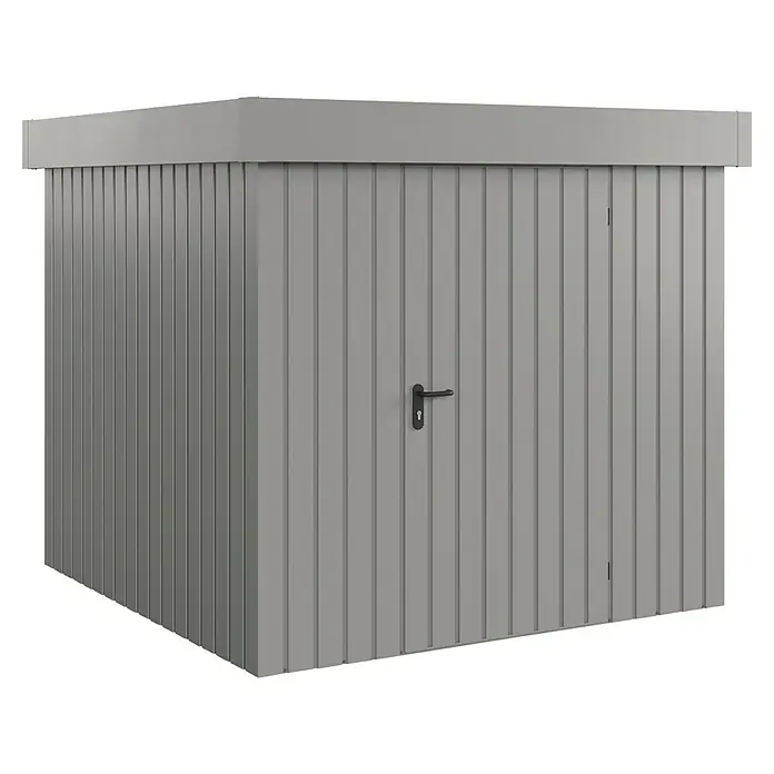 EcoStar Gerätehaus Euroline Trend EFD5 - Außenbreite inkl. Dachüberstand: 237 cm, Außentiefe inkl. Dachüberstand: 229 cm, Stahl, Graualuminium, Einzeltür - Ein grauer Metallgartenhaus, ideal für die Aufbewahrung von Gartengeräten und -möbeln. Das Gartenhaus hat eine Tür mit Griff und ein stabiles Dach.