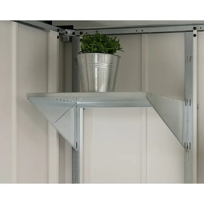 EcoStar Regalboden 480 - Breite: 108 cm, Passend für: EcoStar Gerätehaus Euroline Trend - Nahaufnahme eines Metallschranks mit Regal und einer Zinkwanne mit Pflanze darauf, ideal für Gartenutensilien.