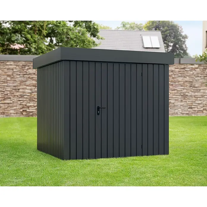 EcoStar Gerätehaus Euroline Trend EFD5 - Außenbreite inkl. Dachüberstand: 237 cm, Außentiefe inkl. Dachüberstand: 229 cm, Stahl, Anthrazitgrau, Einzeltür - Eine moderne, anthrazitfarbene Gartenbox aus Metall, ideal zur Aufbewahrung von Gartengeräten und -möbeln im Außenbereich.
