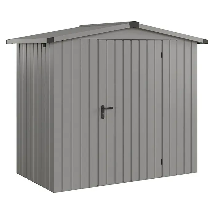 EcoStar Gerätehaus Euroline Trend ESD3 - Außenbreite inkl. Dachüberstand: 237 cm, Außentiefe inkl. Dachüberstand: 134 cm, Stahl, Graualuminium, Einzeltür - Grauer Metall-Gartenlagerschuppen mit Spitzdach und Einzeltür.