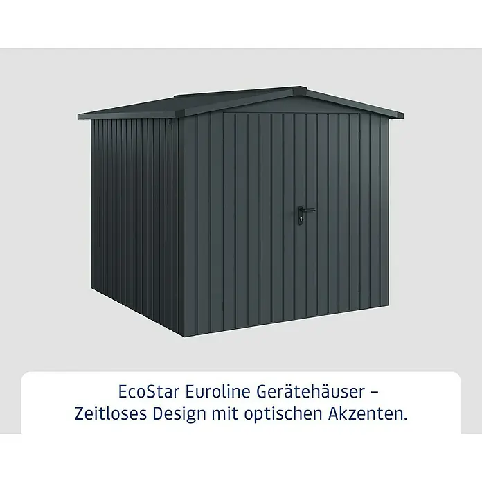 EcoStar Gerätehaus Euroline Trend ESD5 - Außenbreite inkl. Dachüberstand: 237 cm, Außentiefe inkl. Dachüberstand: 229 cm, Stahl, Anthrazitgrau, Doppeltür - Dunkelgraues Metall-Gartenhaus EcoStar Euroline mit Giebeldach und Doppel-Flügeltür.