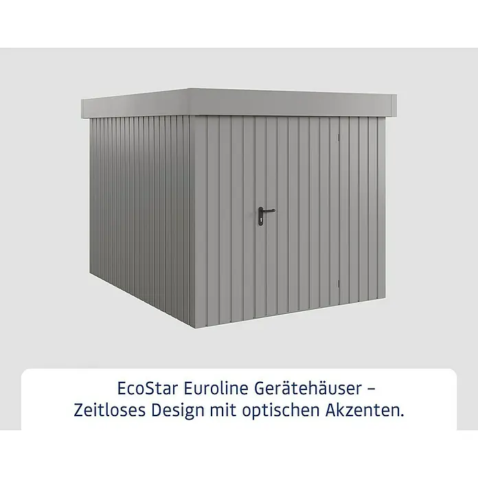 EcoStar Gerätehaus Euroline Trend EFD6 - Außenbreite inkl. Dachüberstand: 237 cm, Außentiefe inkl. Dachüberstand: 278 cm, Stahl, Graualuminium, Einzeltür - Graues EcoStar Euroline Gerätehaus mit vertikalen Rippenpaneelen und schwarzem Türgriff.
