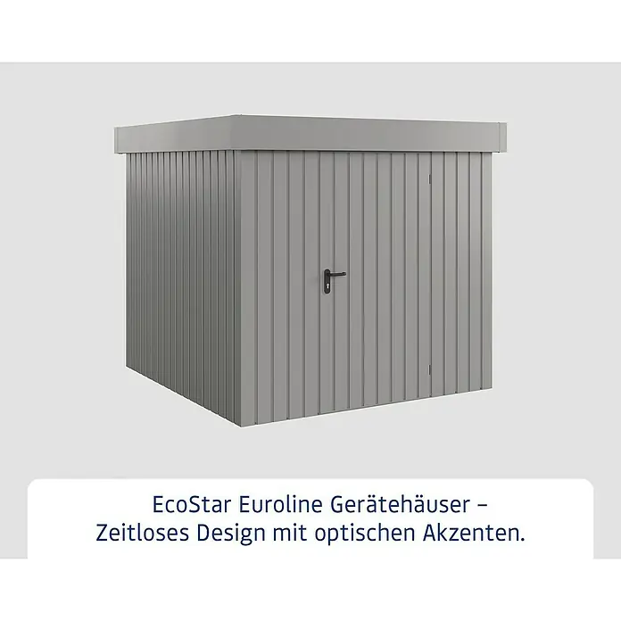 EcoStar Gerätehaus Euroline Trend EFD5 - Außenbreite inkl. Dachüberstand: 237 cm, Außentiefe inkl. Dachüberstand: 229 cm, Stahl, Graualuminium, Einzeltür - Das EcoStar Euroline Gerätehaus: ein zeitloses Design mit optischen Akzenten. Praktisch und stilvoll für jeden Garten.