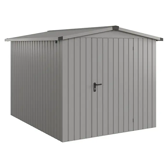 EcoStar Gerätehaus Euroline Trend ESD6 - Außenbreite inkl. Dachüberstand: 237 cm, Außentiefe inkl. Dachüberstand: 278 cm, Stahl, Graualuminium, Einzeltür - Grauer Metall-Gartenschuppen mit Tür und Griff.