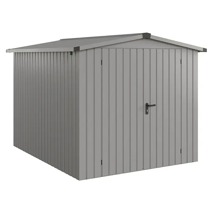 EcoStar Gerätehaus Euroline Trend ESD6 - Außenbreite inkl. Dachüberstand: 237 cm, Außentiefe inkl. Dachüberstand: 278 cm, Stahl, Graualuminium, Doppeltür - Graues Metall-Gartenhaus mit Satteldach und Doppeltüren.