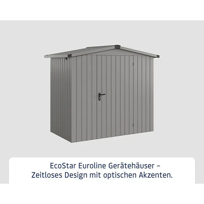 EcoStar Gerätehaus Euroline Trend ESD3 - Außenbreite inkl. Dachüberstand: 237 cm, Außentiefe inkl. Dachüberstand: 134 cm, Stahl, Graualuminium, Einzeltür - Graues Metall-Gartengerätehaus zur Außenlagerung.