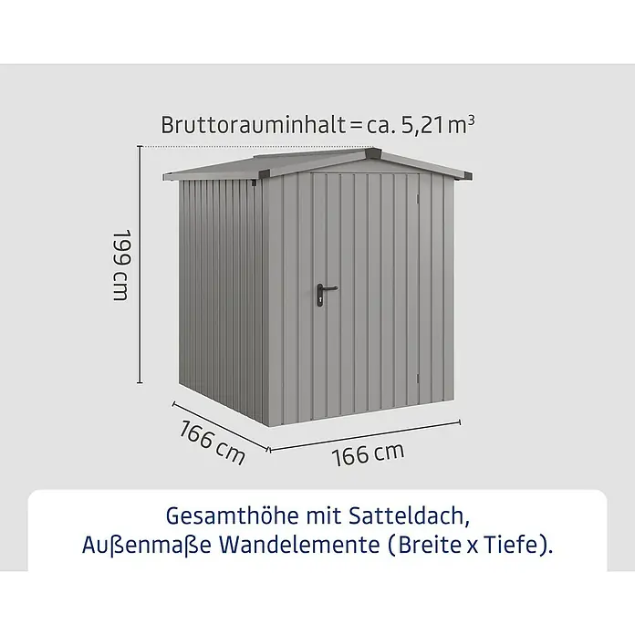 EcoStar Gerätehaus Euroline Trend ESD2 - Außenbreite inkl. Dachüberstand: 189 cm, Außentiefe inkl. Dachüberstand: 181 cm, Stahl, Graualuminium - Graues Gartenhaus mit Satteldach, Maße 199x166x166 cm, Bruttorauminhalt 5,21 m³.