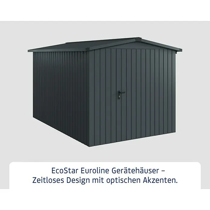 EcoStar Gerätehaus Euroline Trend ESD7 - Außenbreite inkl. Dachüberstand: 237 cm, Außentiefe inkl. Dachüberstand: 325 cm, Stahl, Anthrazitgrau, Einzeltür - Dunkelgraues Metall-Gartenhaus mit gerippten Paneelen und Einzeltür.