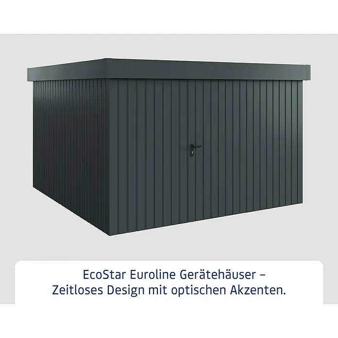 EcoStar Gerätehaus Euroline Trend EFD14 - Außenbreite inkl. Dachüberstand: 333 cm, Außentiefe inkl. Dachüberstand: 325 cm, Stahl, Anthrazitgrau, Einzeltür - Moderner, dunkelgrauer Geräteschuppen mit Flachdach, vertikaler Verkleidung und Türgriff.