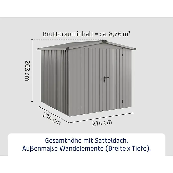 EcoStar Gerätehaus Euroline Trend ESD5 - Außenbreite inkl. Dachüberstand: 237 cm, Außentiefe inkl. Dachüberstand: 229 cm, Stahl, Graualuminium, Doppeltür - Graues Gartenhaus aus Metall mit Satteldach. Höhe 203 cm, Breite 214 cm, Tiefe 214 cm, Volumen ca. 8,76 m³.